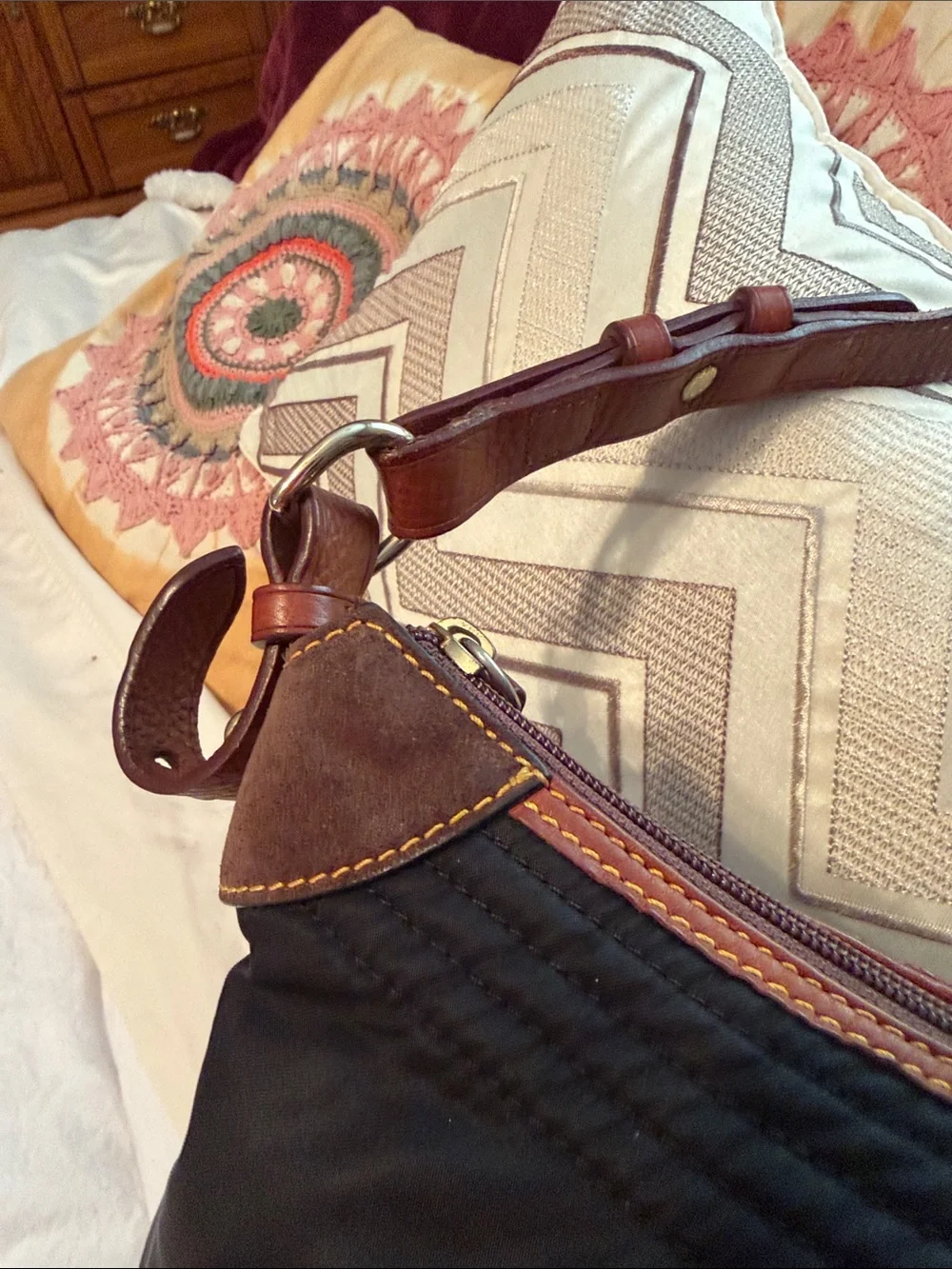 Dooney & Bourke large Erika black nylon quilted shoulder bag with tan leather